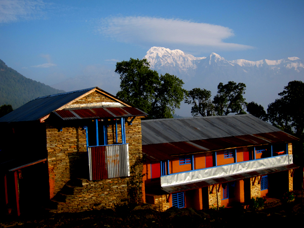 Teahouse with Himalayan mountain views on the Chisopani Nagarkot Trek in Nepal