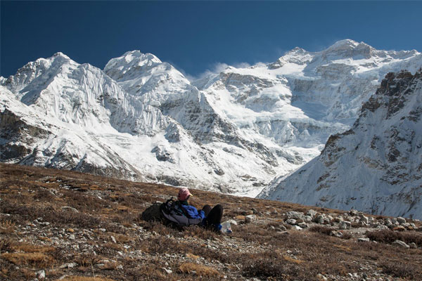 Scenic valley view on the Kanchenjunga Circuit Trek with towering Himalayan peaks in eastern Nepal
