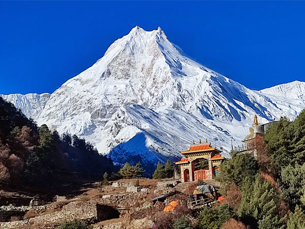 Manaslu view from Lho village on the Manaslu Circuit Trek